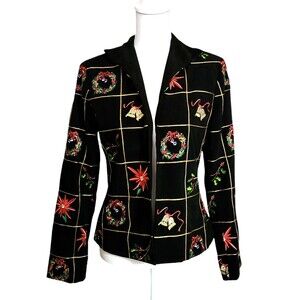 MAK New York Christmas Jacket Blazer Black w/ Holiday Embroidery Womens Size 8